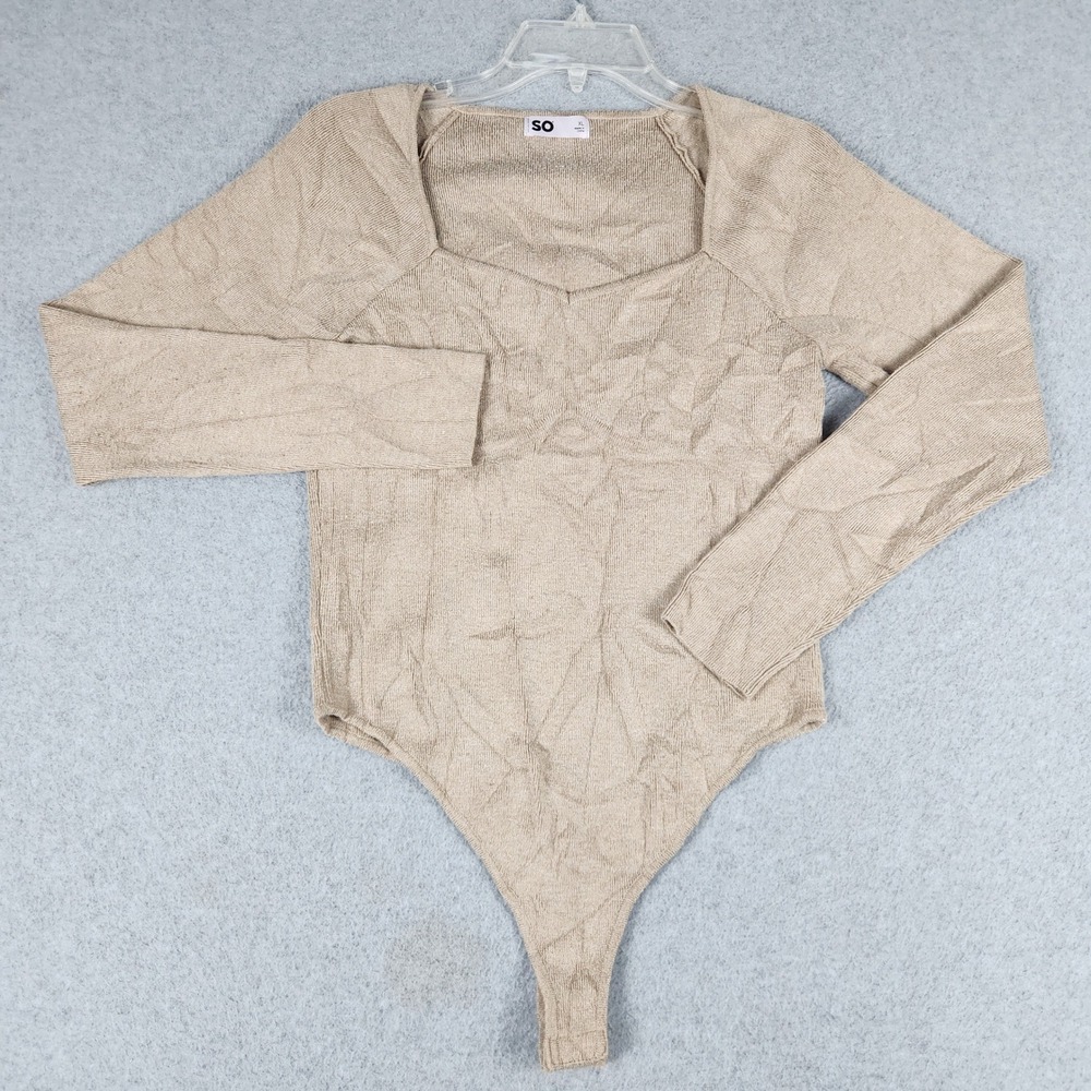 SO Bodysuit Womens XL Tan Ribbed Knit Stretchy Long Sleeve Relaxed Casual Soft